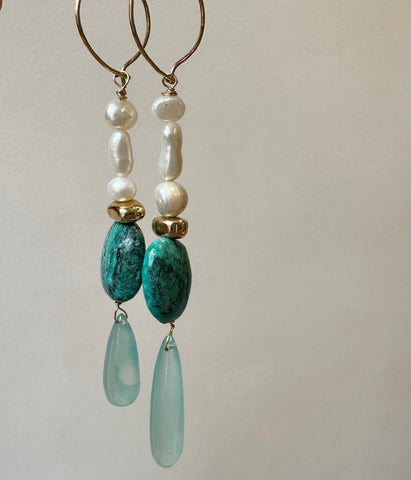 Goddess Turquoise, Pearl and Chalcedony Earrings