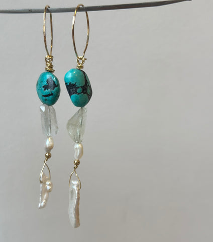 Goddess Turquoise, Pearl and Aquamarine Earrings