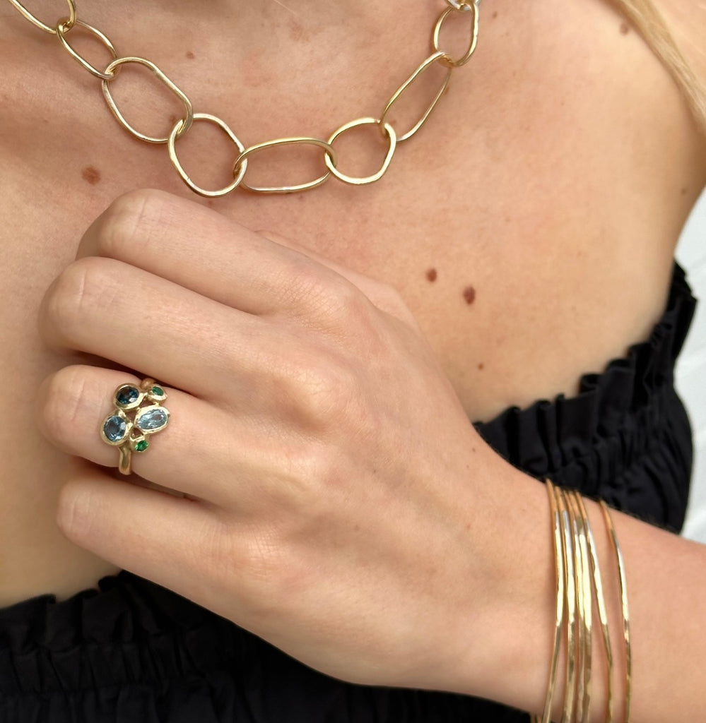 Treasure Cluster Ring 14K gold. Aquamarine, Sapphire, Emerald and Kyanite