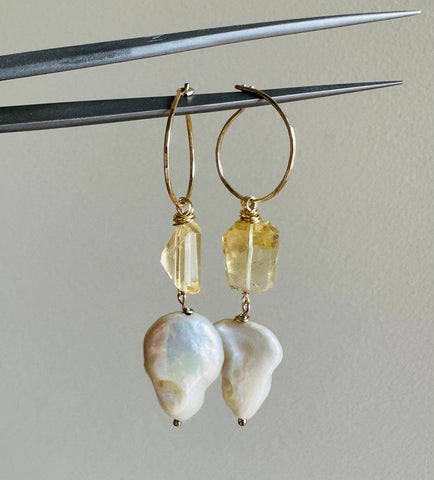Goddess Pearl and Citrine Earrings. (hoops or hooks)