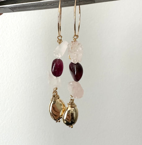 Goddess Ruby and Rose Quartz Hoops