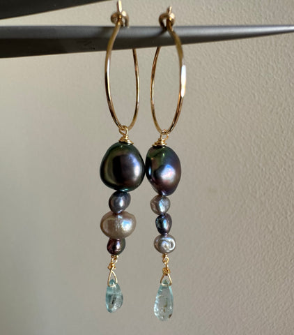 Mixed Black and Grey Pearls with Aquamarine Earrings. (hoops or hooks)