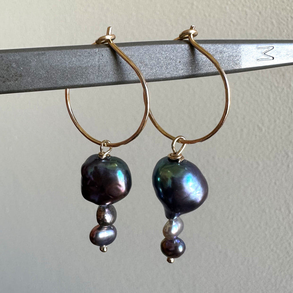 Triple Black Pearl Earrings. (hoops or hooks)