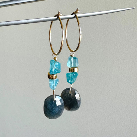 Byzantine Earrings. Sapphire slices w/Apatite. (hoops or hooks)