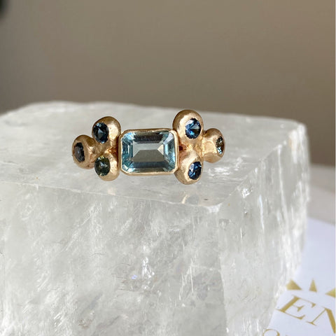 Aquamarine ring w/ sapphires 14k Recycled Gold