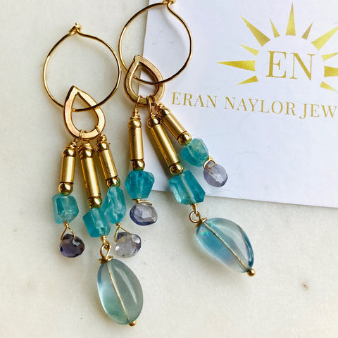 Byzantine Teardrop Earrings. One of a kind. Fluorite, Apatite and Kyanite
