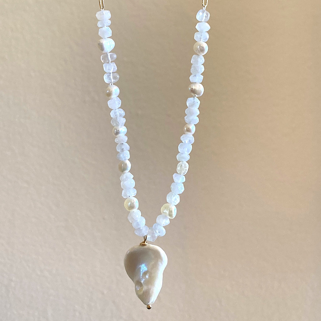 White Pearl and Moonstone Necklace w/ Gold Fill Chain