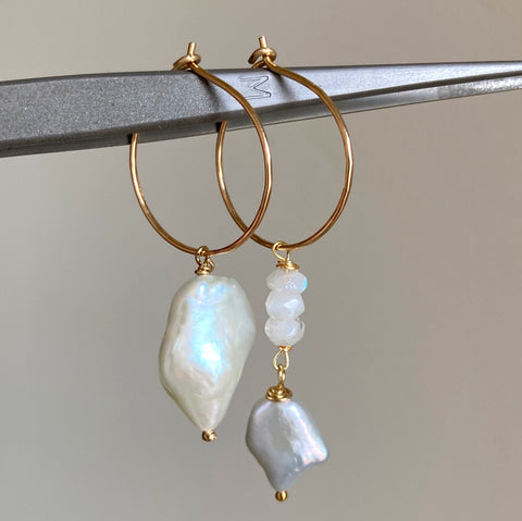 Keshi Pearl and Moonstone Goddess Earrings. (hoops or hooks)